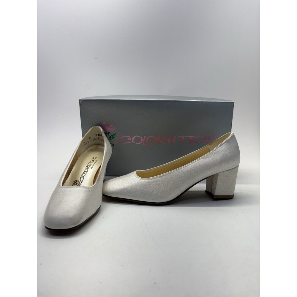 Coloriffics Ivory Satin Block Heel Pumps 7.5 Bridal Dyeable Shoes